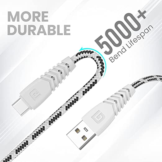 Portronics Konnect Spydr Micro USB Cable with 3.0A Output, 2M Length, Fast Data Sync, Nylon Braided, Tangle Resistance(White)