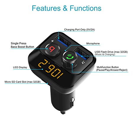 Portronics AUTO 10 Bluetooth - FM Transmitter in-Car Radio Adapter 3.4A Dual USB Fast Charger (Black)
