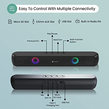 Portronics Decibel 21 10W Wireless Bluetooth Soundbar with LED Lights, TWS Function, Built-in Mic (Black)