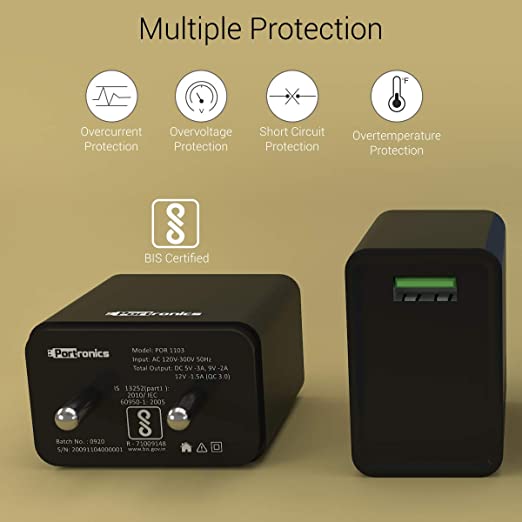 Portronics Adapto ONE POR-1103 3A Fast Charging Adapter with 1M Type-C Cable (Black)