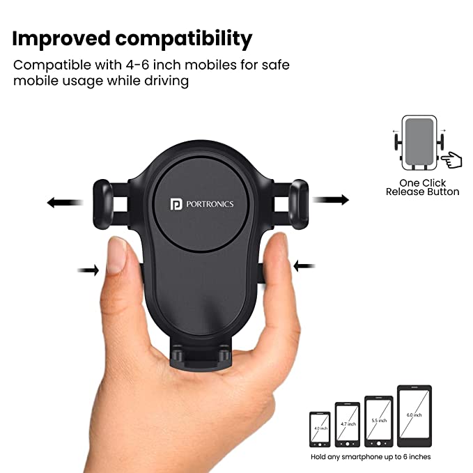 Portronics Clamp Y Adjustable Mobile Holder for Car with 360‚Â°Rotational,One Click Release Button,(Black)