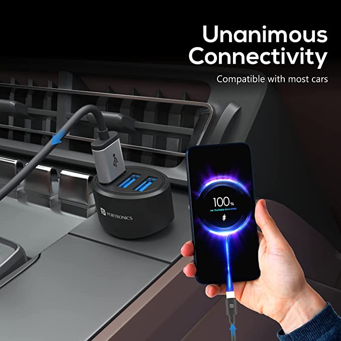 Portronics 12 Car Charger with 17W Total Output, Triple USB Port, 3.4A Compatible with Most Cars(Black)