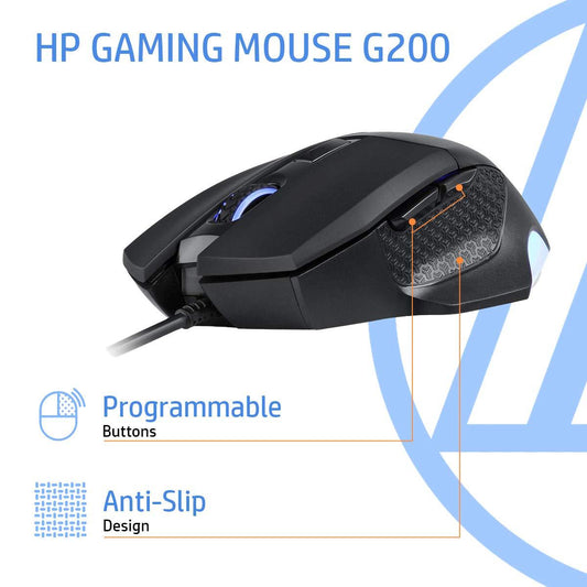 HP G200 Backlit USB Wired Gaming Mouse with Ergonomic Design,Customizable Buttons, Adjustable 4000 DPI, RGB Lighting(Black)
