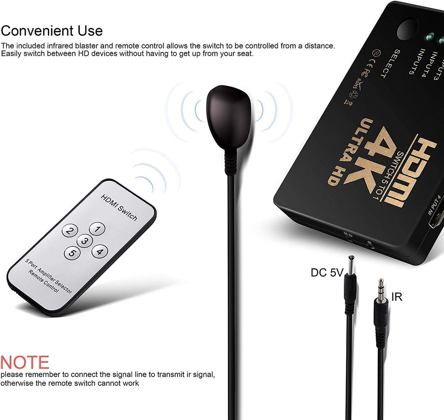 HDMI Switch 3IN1 with IR Remote Control for UHD 2K 4K Support, Full HD 1080P, 3D, Switch Splitter with Remote Control, HD Audio ,Supports Blu-ray, Netflix, PS4/PS3 (Black)