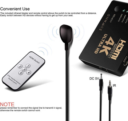 HDMI Switch 3IN1 with IR Remote Control for UHD 2K 4K Support, Full HD 1080P, 3D, Switch Splitter with Remote Control, HD Audio ,Supports Blu-ray, Netflix, PS4/PS3 (Black)