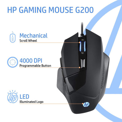 HP G200 Backlit USB Wired Gaming Mouse with Ergonomic Design,Customizable Buttons, Adjustable 4000 DPI, RGB Lighting(Black)