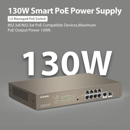 Tenda TEG5310P L3 Gigabit Managed PoE Switch, 10-Port Enterprise Switch with 8 x PoE+ 150W, 1 x GE Port & 1 x SFP Port, Smart PoE Power Supply, Flexible QoS/ IGMP/ ACL/ ARP/ DHCP Snooping