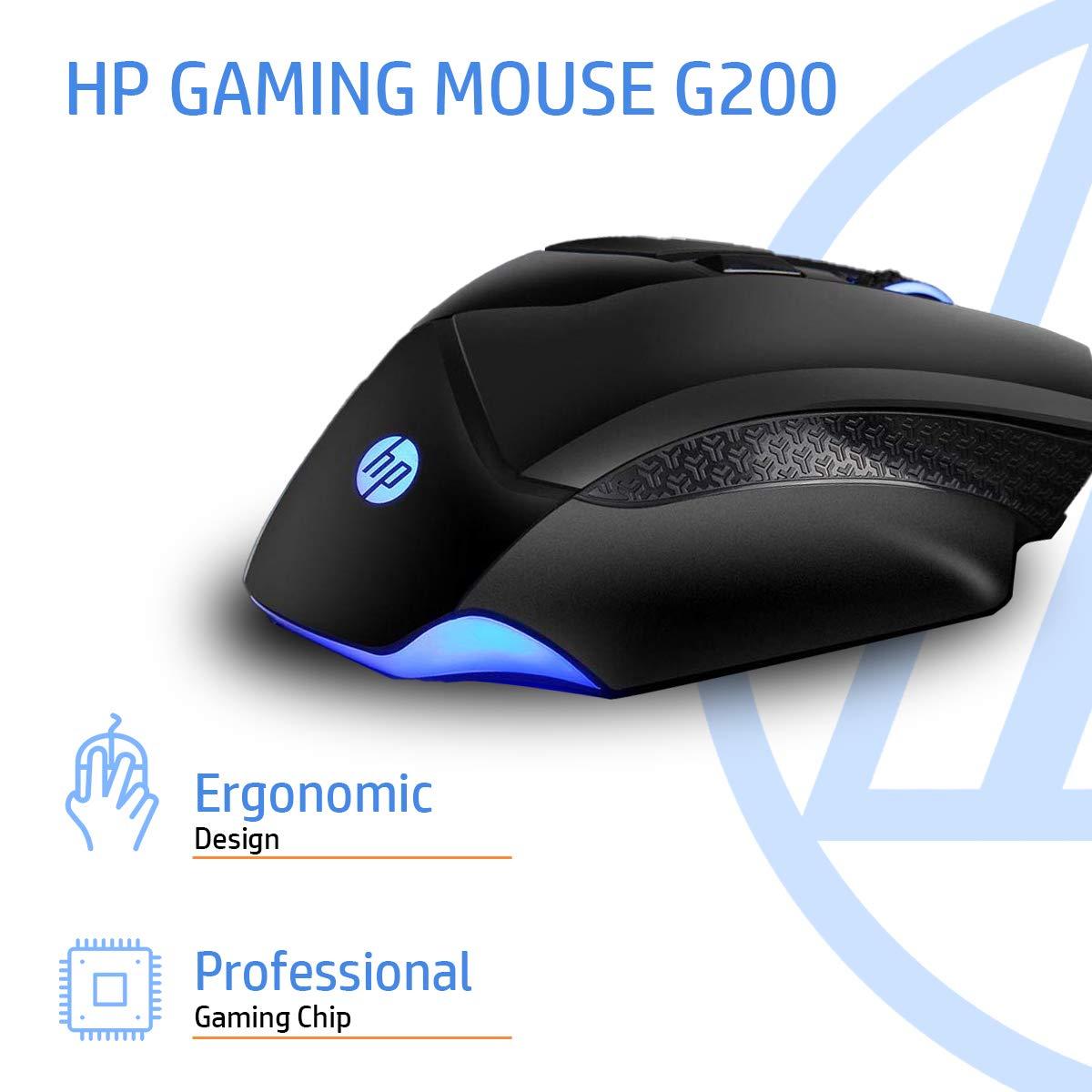 HP G200 Backlit USB Wired Gaming Mouse with Ergonomic Design,Customizable Buttons, Adjustable 4000 DPI, RGB Lighting(Black)
