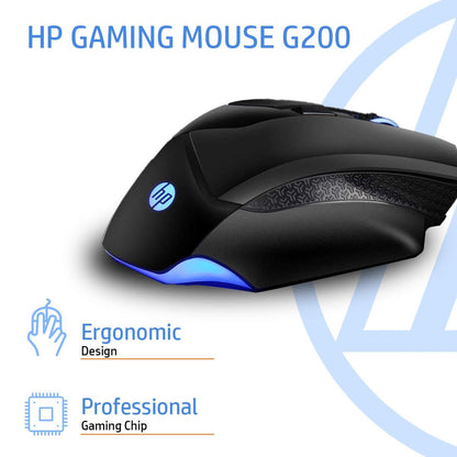 HP G200 Backlit USB Wired Gaming Mouse with Ergonomic Design,Customizable Buttons, Adjustable 4000 DPI, RGB Lighting(Black)