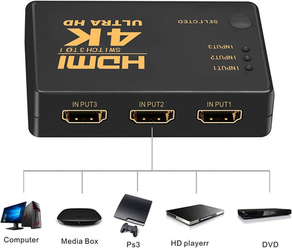 HDMI Switch 3IN1 with IR Remote Control for UHD 2K 4K Support, Full HD 1080P, 3D, Switch Splitter with Remote Control, HD Audio ,Supports Blu-ray, Netflix, PS4/PS3 (Black)