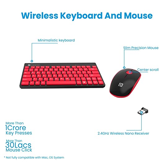 Portronics Key2-A Combo of Multimedia Wireless Keyboard & Mouse, Compact Light-Weight for PCs, Laptops and Smart TV (Red)