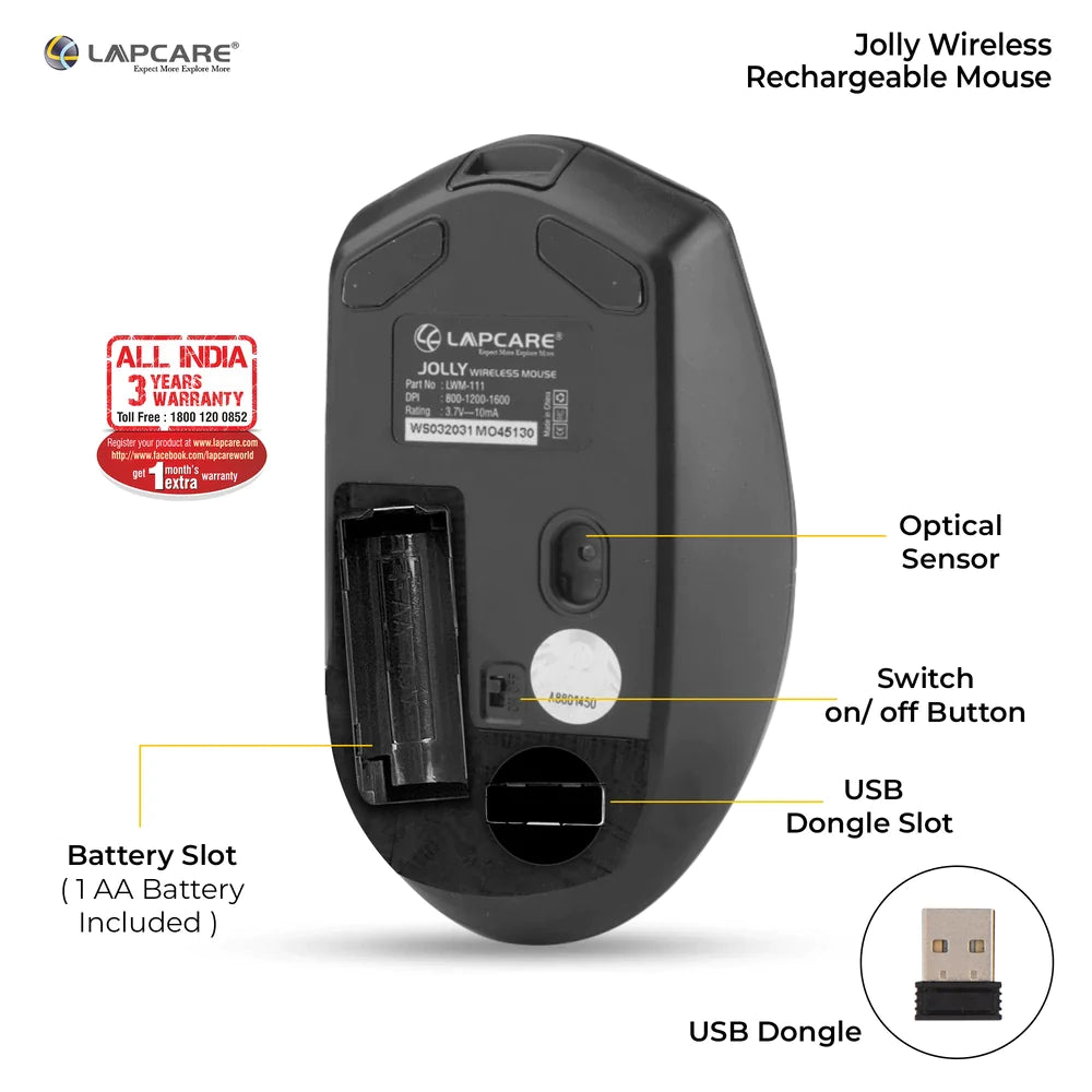 Lapcare Jolly LMW-111 Wireless Rechargeable Mouse with 4 Durable Keys and DPI Upto 1600 Ergonomic Shape, Black