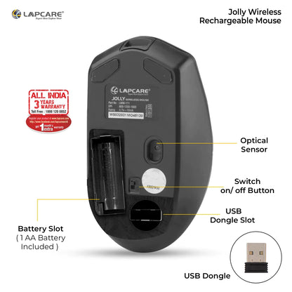Lapcare Jolly LMW-111 Wireless Rechargeable Mouse with 4 Durable Keys and DPI Upto 1600 Ergonomic Shape, Black