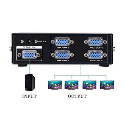 VGA Splitter 1x4 Box Ã¢â‚¬â€œ 1 Input to 4 Output Monitor Screen Duplicator with Audio Support | Share One VGA Source to 4 Displays | Mirror Display for PC, Laptop, Projector, TV