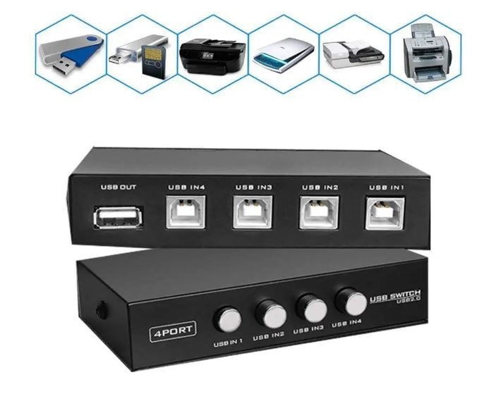 USB 2.0 4-Port Switch Box for 4 PC Share 1 USB Device for PC, Printer, Scanner, Camera, Keyboard
