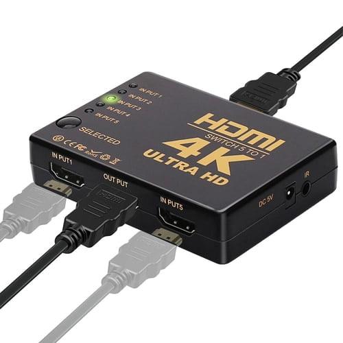 HDMI Switch 5X1 with Remote Control for UHD 4K Support, Full HD 1080P, 3D, Switch Splitter with Remote Control, HD Audio,5 in & 1 Out