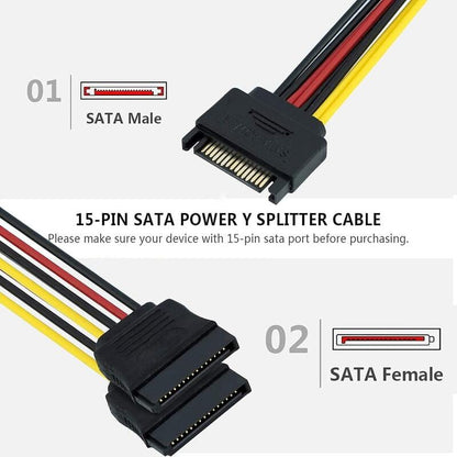 SATA Power Cable,15-pin Y-Splitter, Male to Dual Female,Compatible with Computer, DVR, HDD, External case, Desktop PC