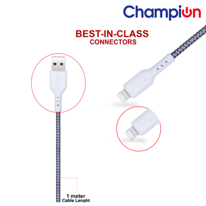 Champion USB to Lightning 2.4Amp Data Sync & Charging Cable Braided 1M for all Apple & Lightning Port Devices (Grey)