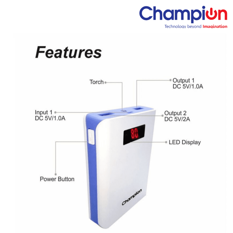 Champion Z-10 10400mAh Digital Power Bank - High-Capacity Portable Charger with LED Display (Multicolor )