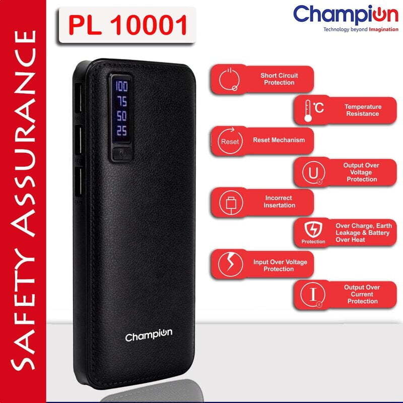 Champion 10000mAh Digital Power Bank BIS Certified Pl-10001 -Black