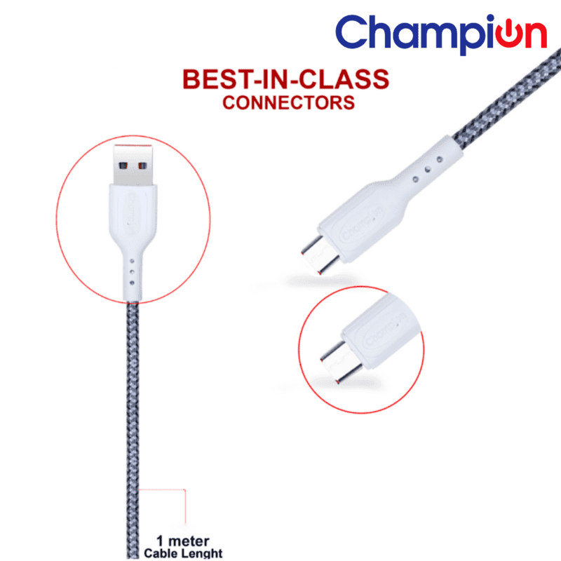 Champion USB to Micro 2.4Amp Data Sync & Charging Cable Braided 1M for all Android & Micro USB Devices (Grey)