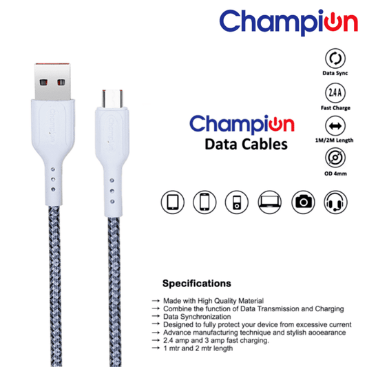 Champion USB to Micro 2.4Amp Data Sync & Charging Cable Braided 1M for all Android & Micro USB Devices (Grey)