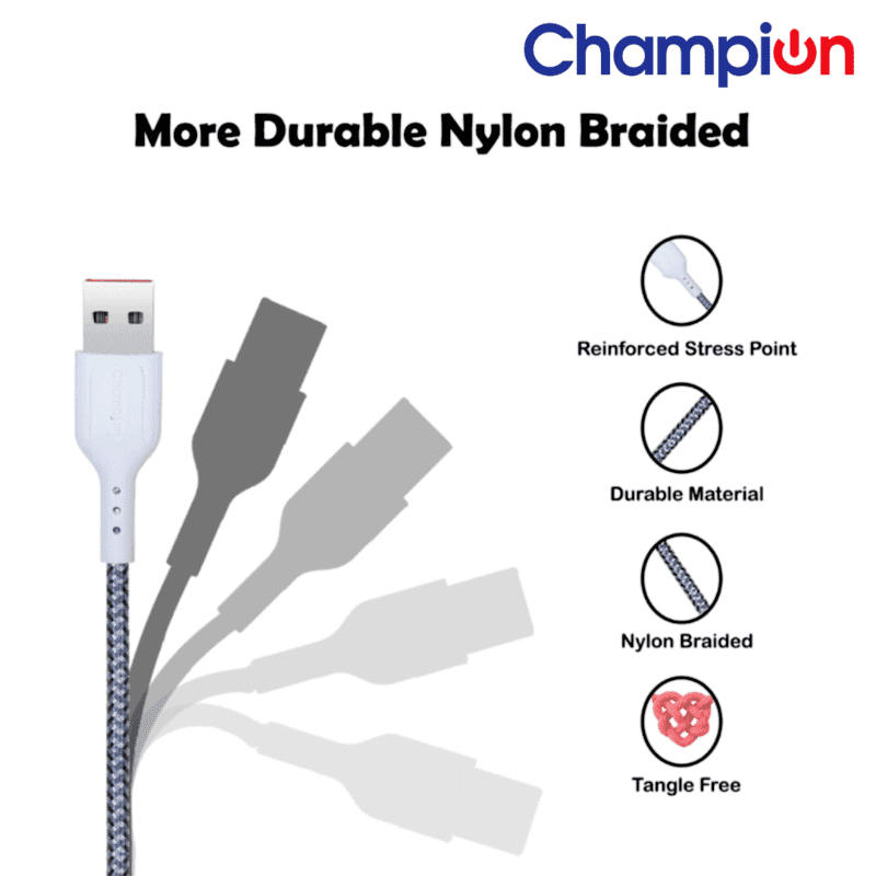 Champion USB to Micro 2.4Amp Data Sync & Charging Cable Braided 1M for all Android & Micro USB Devices (Grey)