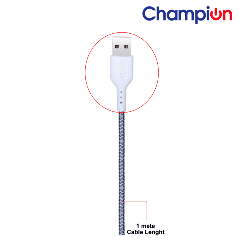 Champion USB to Lightning 2.4Amp Data Sync & Charging Cable Braided 1M for all Apple & Lightning Port Devices (Grey)