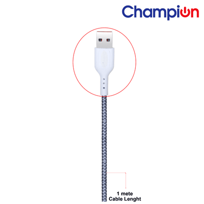 Champion USB to Lightning 2.4Amp Data Sync & Charging Cable Braided 1M for all Apple & Lightning Port Devices (Grey)