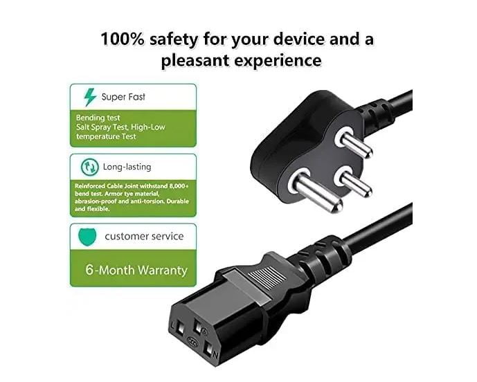 Laptop Power Cable Cord 1.8 Mtr 3 Pin Adapter Heavy Duty (Black)