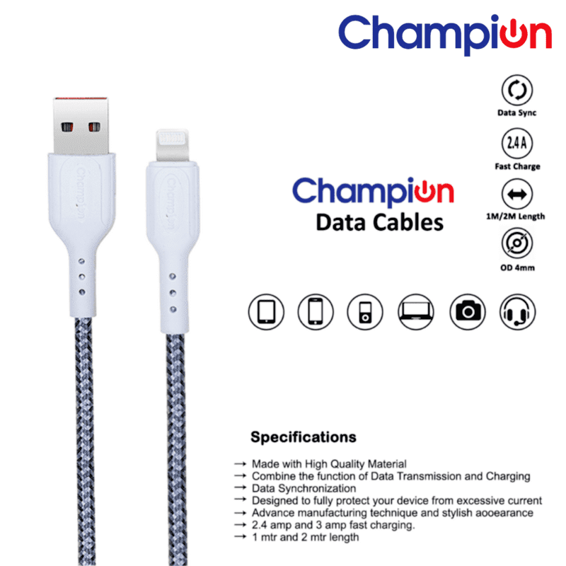 Champion USB to Lightning 2.4Amp Data Sync & Charging Cable Braided 1M for all Apple & Lightning Port Devices (Grey)