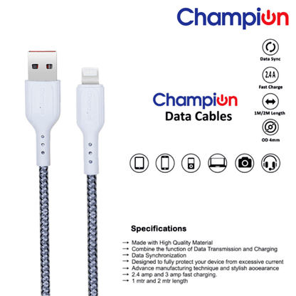 Champion USB to Lightning 2.4Amp Data Sync & Charging Cable Braided 1M for all Apple & Lightning Port Devices (Grey)