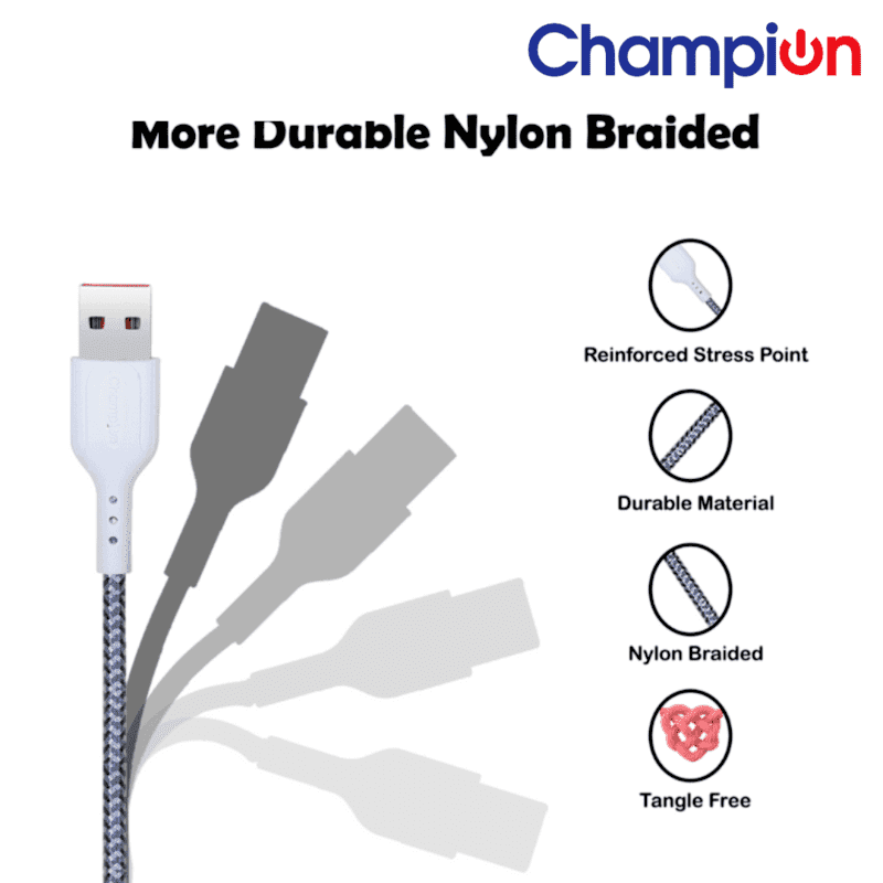 Champion USB to Lightning 2.4Amp Data Sync & Charging Cable Braided 1M for all Apple & Lightning Port Devices (Grey)