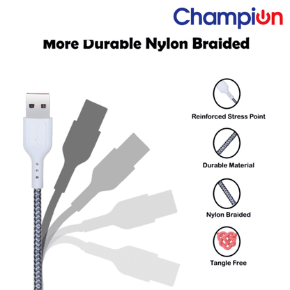 Champion USB to Lightning 2.4Amp Data Sync & Charging Cable Braided 1M for all Apple & Lightning Port Devices (Grey)