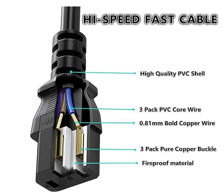 Laptop Power Cable Cord 1.8 Mtr 3 Pin Adapter Heavy Duty (Black)