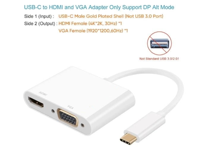 Type-C TO HDMI + VGA, USB C to HDMI 4K+VGA Adapter (Thunderbolt 3 Compatible)