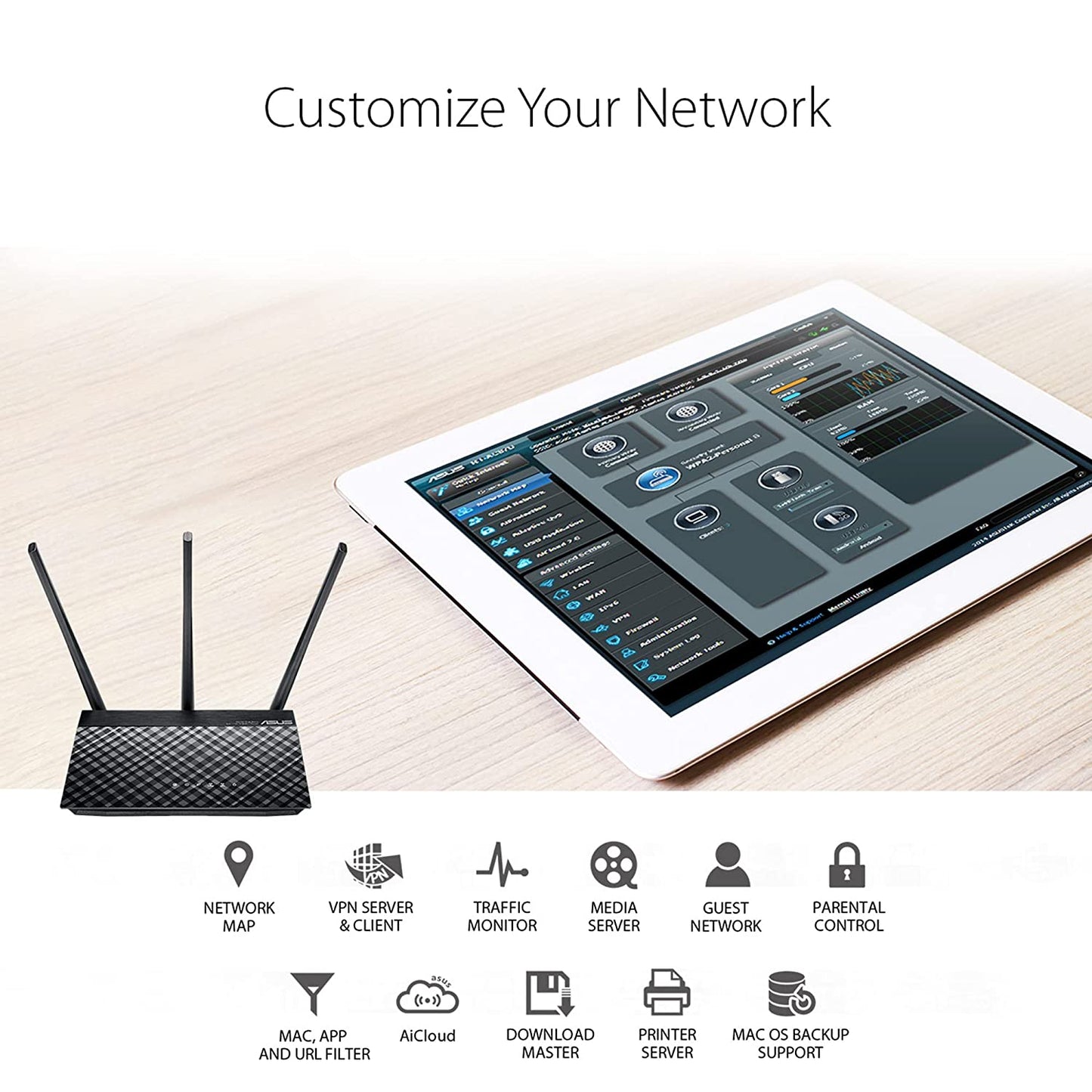 ASUS RT-AC53 AC750 Dual Band WiFi Router with high Power Design (Black)