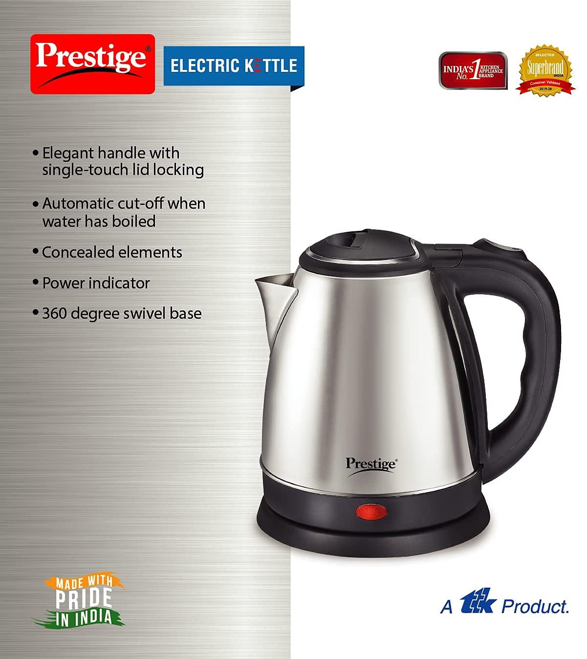Prestige 1.5 Litres Electric Kettle (PKOSS 1.5)|1500W | Automatic Cut-off | Stainless Steel | Rotatable Base | Power Indicator | Single-Touch Lid Locking| Silver - Black