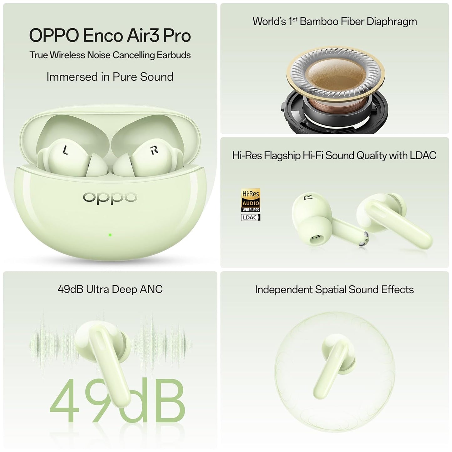 Oppo Enco Air3 Pro True Wireless Earbuds with Industry First Composite Bamboo Fiber, 49dB ANC, 30H Playtime, 47ms Ultra Low Latency,Fast Charge(Green)