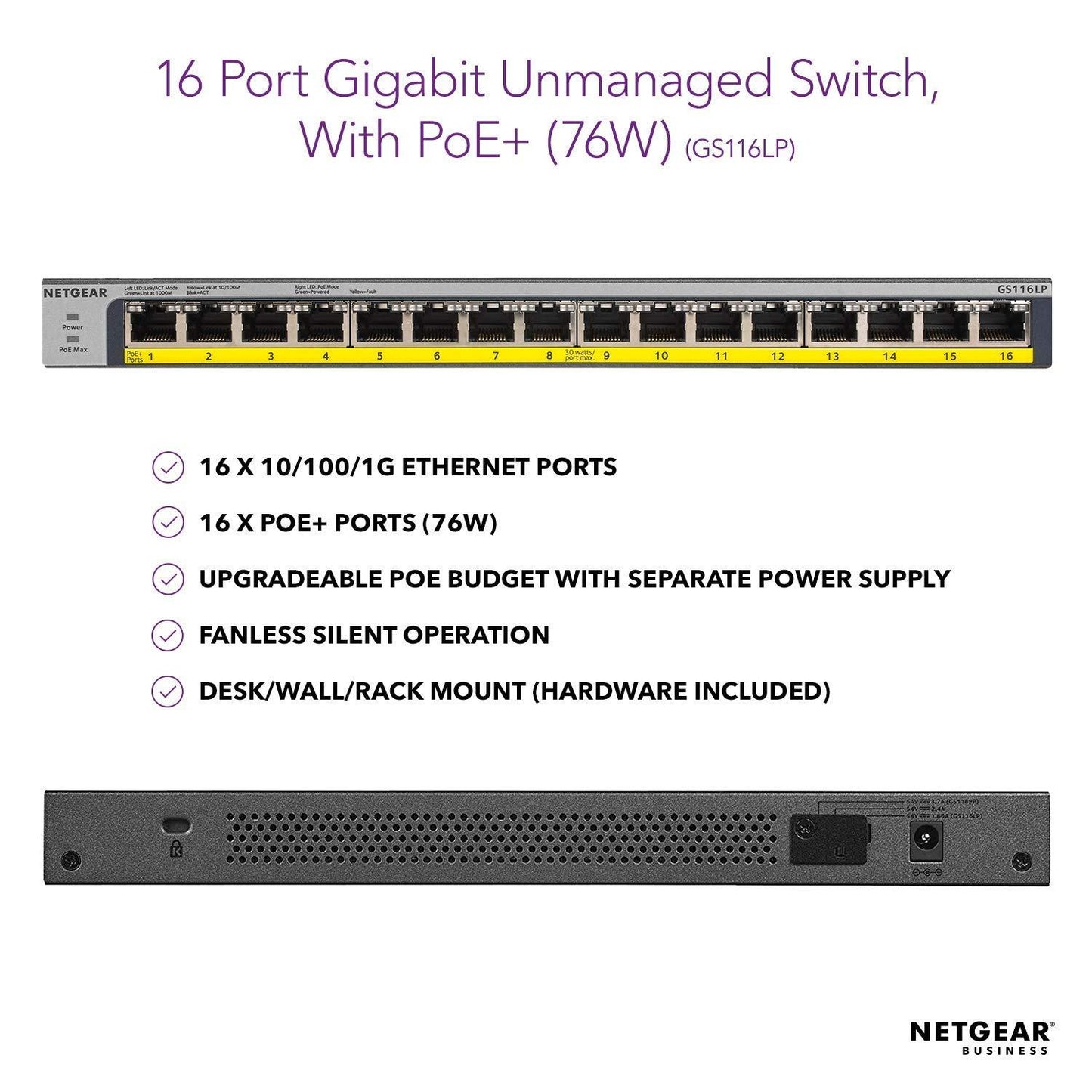 NETGEAR 16-Port Gigabit Ethernet Unmanaged PoE Switch (GS116LP)