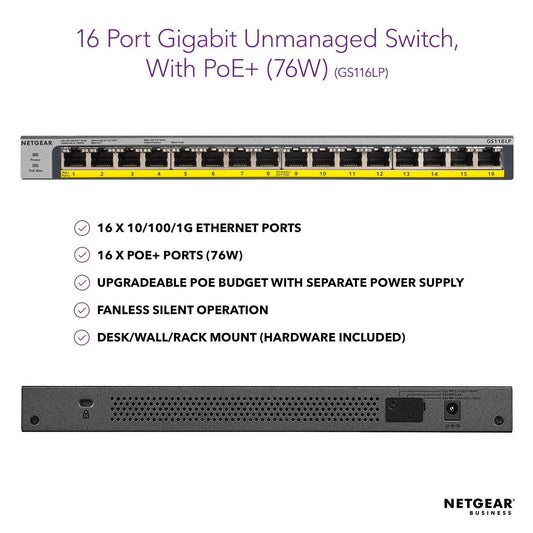 NETGEAR 16-Port Gigabit Ethernet Unmanaged PoE Switch (GS116LP)
