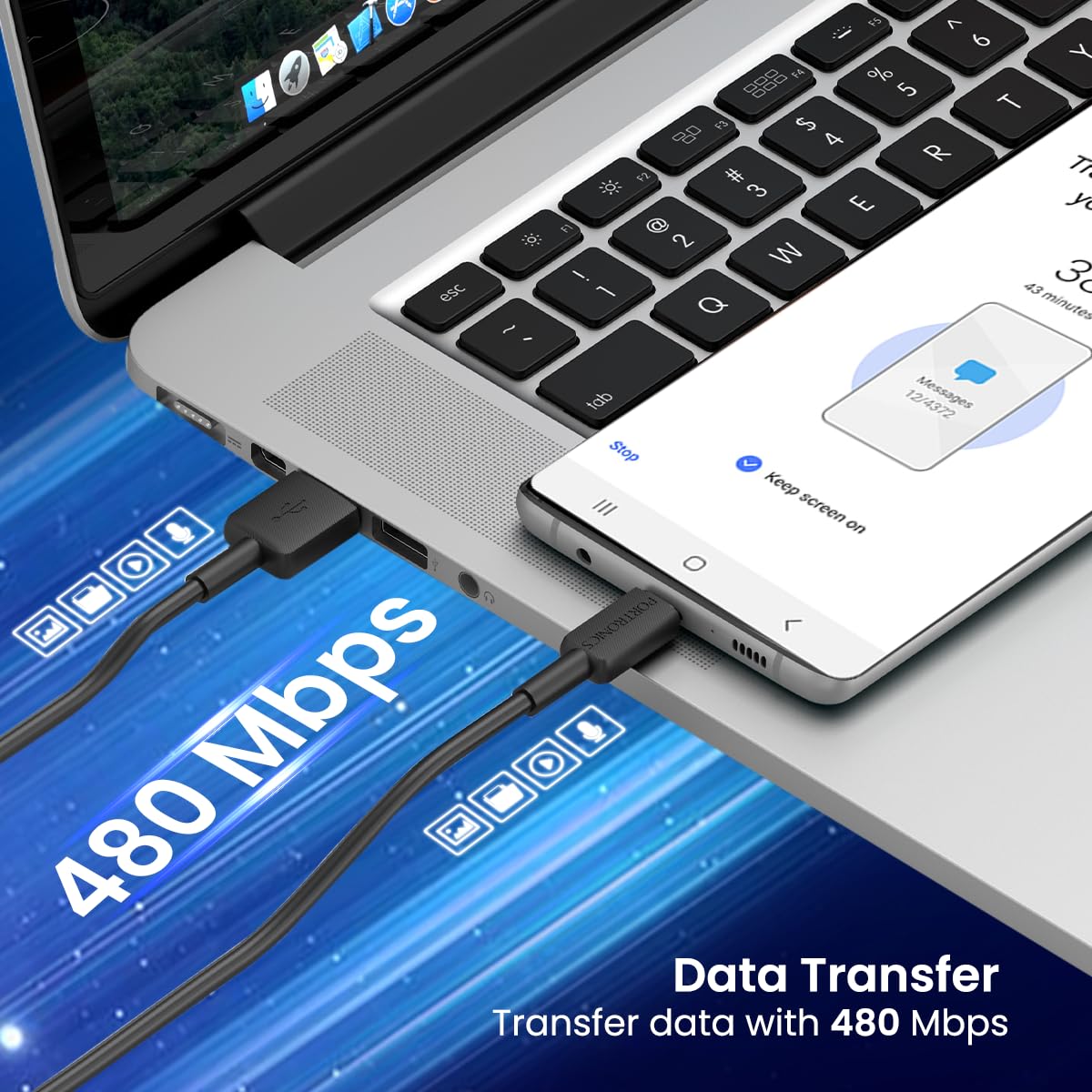 Portronics Konnect Link Micro USB Fast Charging Cable - 3.0A Output & 480Mbps Data Transfer 1M (Black)