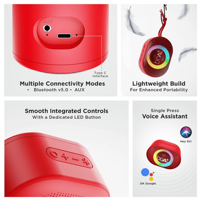 boAt Stone 250 Portable Wireless Speaker with 5W RMS Immersive Audio, RGB LEDs, Up to 8HRS Playtime, IPX7 Water Resistance, Multi-Compatibility Modes(Red)