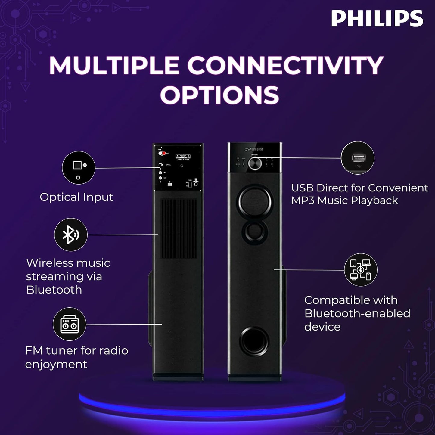 PHILIPS Audio SPA9160 2.0CH 160W Multimedia Tower Speakers with Wireless Microphone Multi-Connectivity (USB, AUX, FM) and Thumping Bass for Karaoke (Black)
