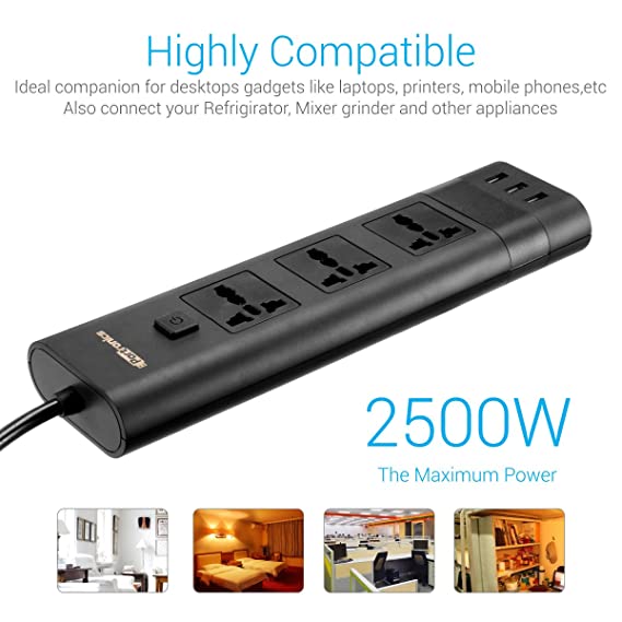 Portronics POR-1347 5A 5 Volts 2500 Watts Electrical Universal Sockets and 3 USB Ports Power Plate II (Black)