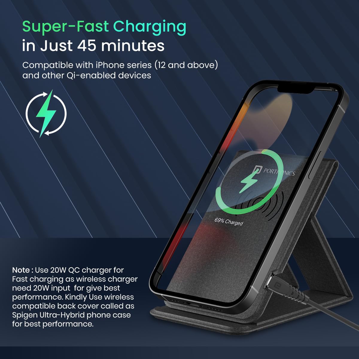 Portronics Freedom Fold 15W Foldable Wireless Charger with Premium PU Leather, 1 Mtr Type C Charging Cable Compatible with iPhone 8 & Above and Other QI Enabled Devices(Black )