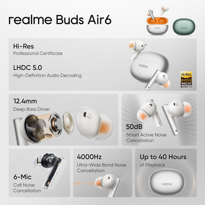 Realme Buds Air 6 TWS Earbuds 12.4mm Driver, 50dB ANC, 40H Playtime, IP55, Bluetooth V5.3 (Flame Silver)
