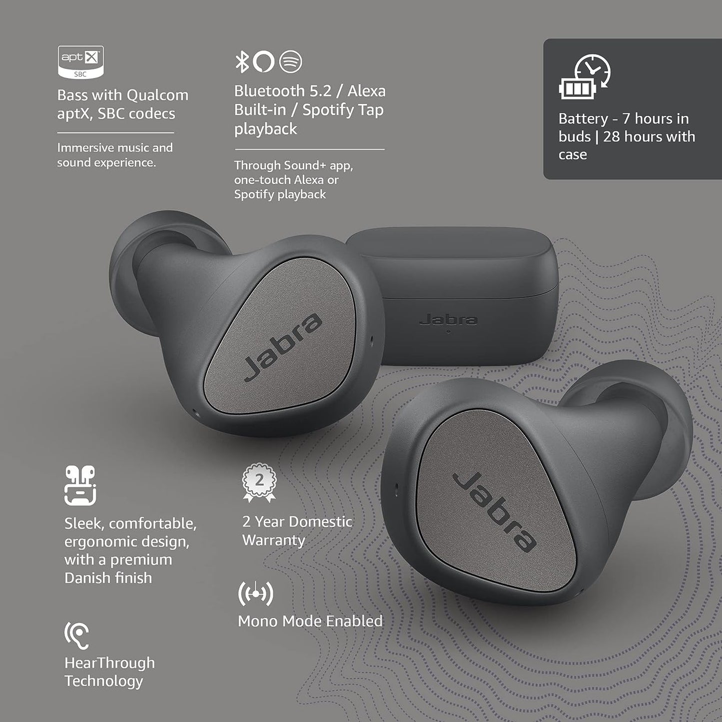 Jabra Elite 3 True Wireless Earbuds - Noise Isolating, 4 Mics, 28H Battery, Fast Charging, Rich Bass (Dark Grey)