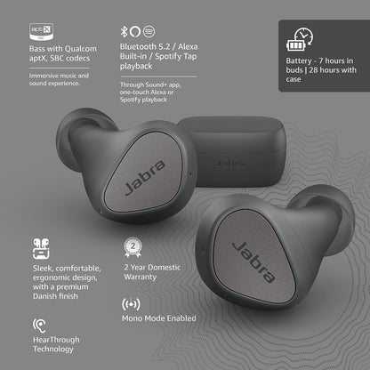 Jabra Elite 3 True Wireless Earbuds - Noise Isolating, 4 Mics, 28H Battery, Fast Charging, Rich Bass (Dark Grey)