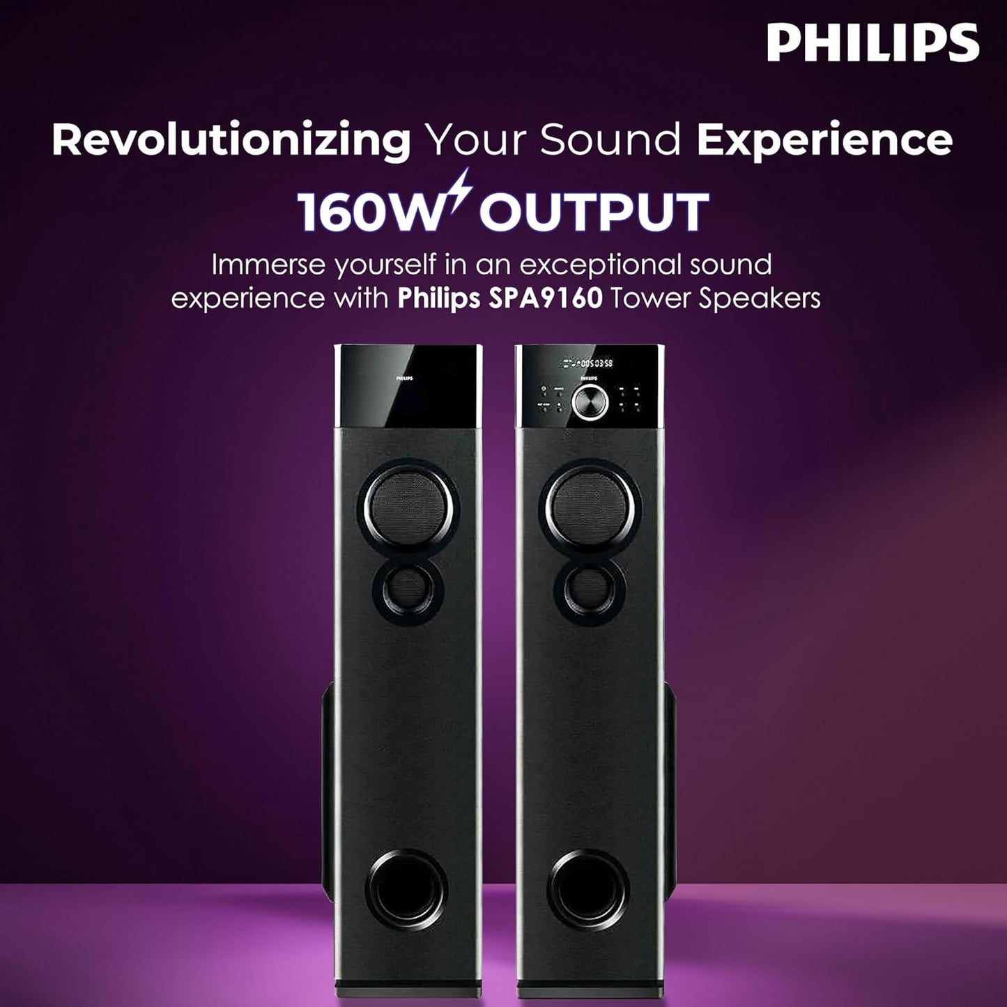 PHILIPS Audio SPA9160 2.0CH 160W Multimedia Tower Speakers with Wireless Microphone Multi-Connectivity (USB, AUX, FM) and Thumping Bass for Karaoke (Black)
